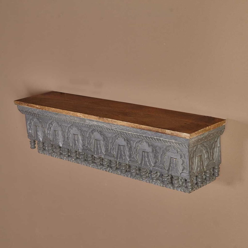 Hand‑Carved Mango Wood Floating Shelf — Jharokha Arch Design, Distressed Finish, 85 × 23 × 20 cm (6 kg)