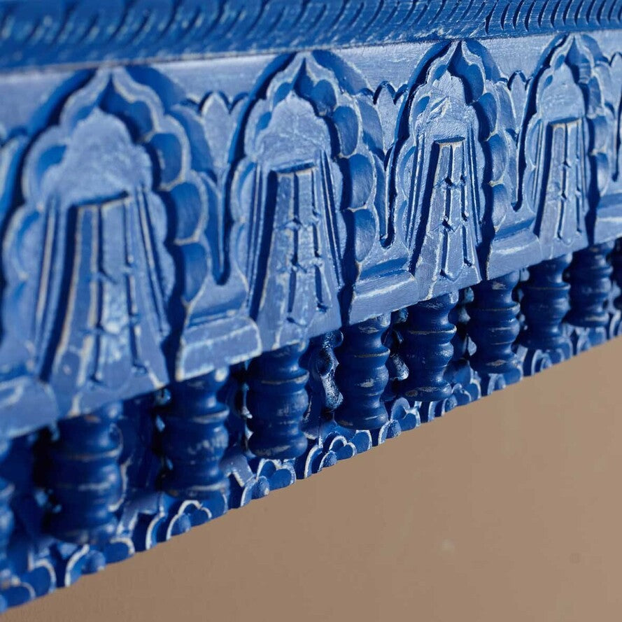 Hand‑Carved Mango Wood Floating Shelf — Jharokha Arch Design, Distressed Finish, 85 × 23 × 20 cm (6 kg)