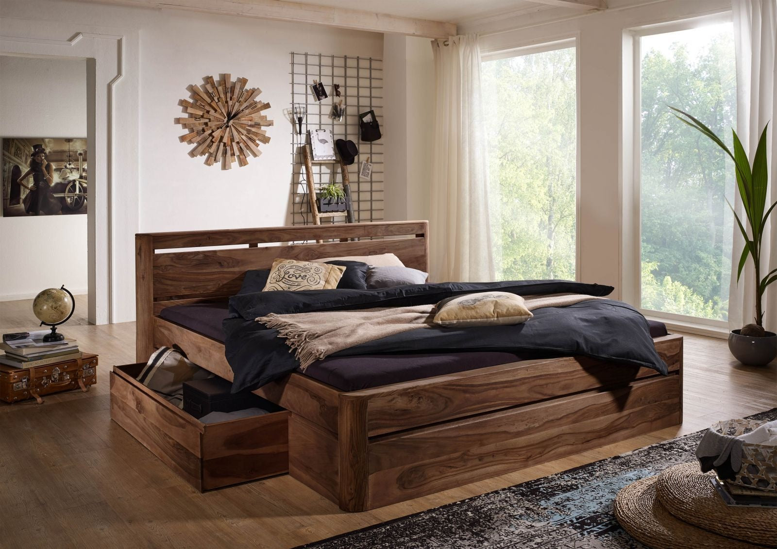 Bed with drawer Sheesham 180x200x90 walnut