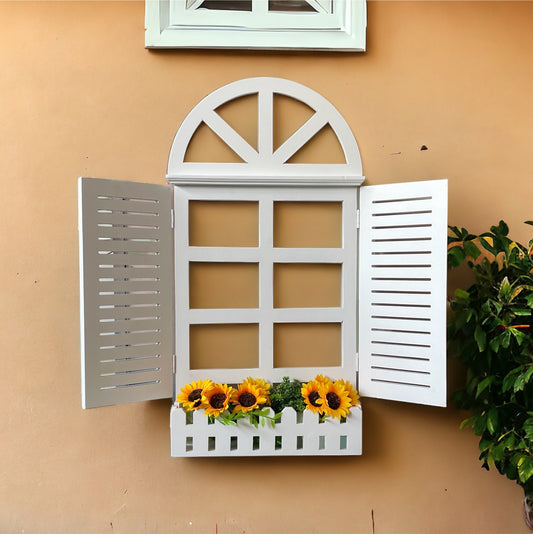 Handcrafted Fake Window Wall Decor in Large (75x41 cm) and Small (55x33.5 cm) sizes, made of high-quality wood. Perfect for living room, bedroom, and dining area wall decor. Adds rustic charm and the illusion of a window to any wall. Ideal for indoor and outdoor spaces, balcony wall decor, and plant wall displays. Made in Jodhpur (Rajasthan).