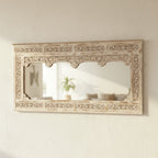 mango wood mirror, carved mirror, jharokha mirror, four arch mirror, oversized mirror, large mirror, rajasthani mirror, indian mirror, distressed mirror, whitewash mirror, white mirror, horizontal mirror, wall mirror, statement mirror, architectural mirror, palace mirror, traditional mirror, handmade mirror, artisan mirror, premium mirror, quality mirror, durable mirror, elegant mirror, unique mirror, decorative mirror, focal piece mirror, handcrafted in india, sustainable mango wood, distressed whitewash, 