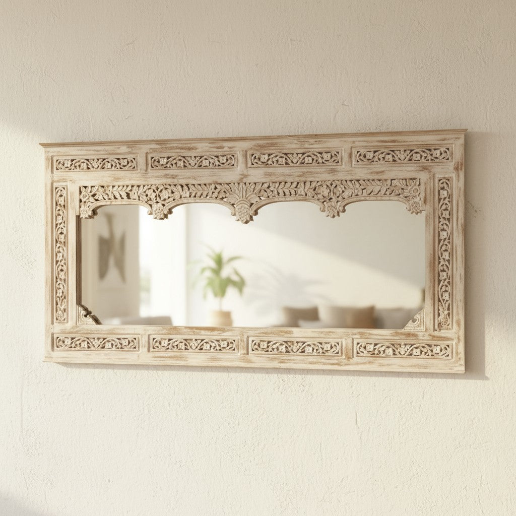 mango wood mirror, carved mirror, jharokha mirror, four arch mirror, oversized mirror, large mirror, rajasthani mirror, indian mirror, distressed mirror, whitewash mirror, white mirror, horizontal mirror, wall mirror, statement mirror, architectural mirror, palace mirror, traditional mirror, handmade mirror, artisan mirror, premium mirror, quality mirror, durable mirror, elegant mirror, unique mirror, decorative mirror, focal piece mirror, handcrafted in india, sustainable mango wood, distressed whitewash, 