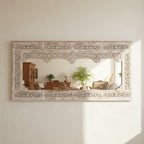 mango wood mirror, carved mirror, jharokha mirror, four arch mirror, oversized mirror, large mirror, rajasthani mirror, indian mirror, distressed mirror, whitewash mirror, white mirror, horizontal mirror, wall mirror, statement mirror, architectural mirror, palace mirror, traditional mirror, handmade mirror, artisan mirror, premium mirror, quality mirror, durable mirror, elegant mirror, unique mirror, decorative mirror, focal piece mirror, handcrafted in india, sustainable mango wood, distressed whitewash, 