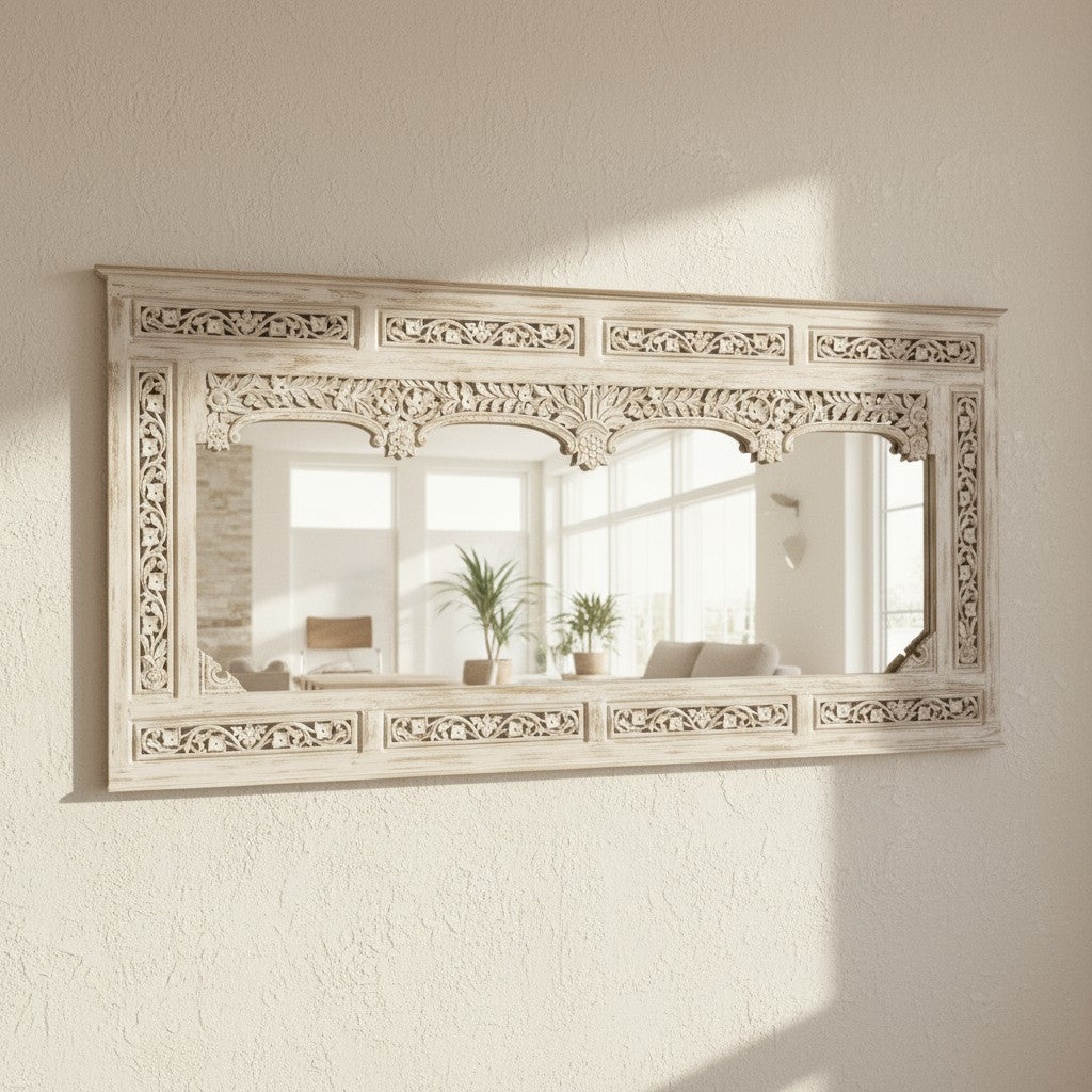 mango wood mirror, carved mirror, jharokha mirror, four arch mirror, oversized mirror, large mirror, rajasthani mirror, indian mirror, distressed mirror, whitewash mirror, white mirror, horizontal mirror, wall mirror, statement mirror, architectural mirror, palace mirror, traditional mirror, handmade mirror, artisan mirror, premium mirror, quality mirror, durable mirror, elegant mirror, unique mirror, decorative mirror, focal piece mirror, handcrafted in india, sustainable mango wood, distressed whitewash, 