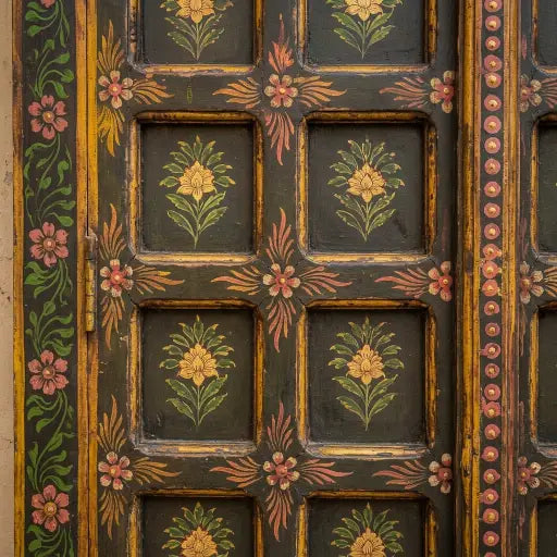 Hand Painted Vintage Wooden Window Door | Antique Indian Doors – Floral Grid Design, 97x107x5 cm