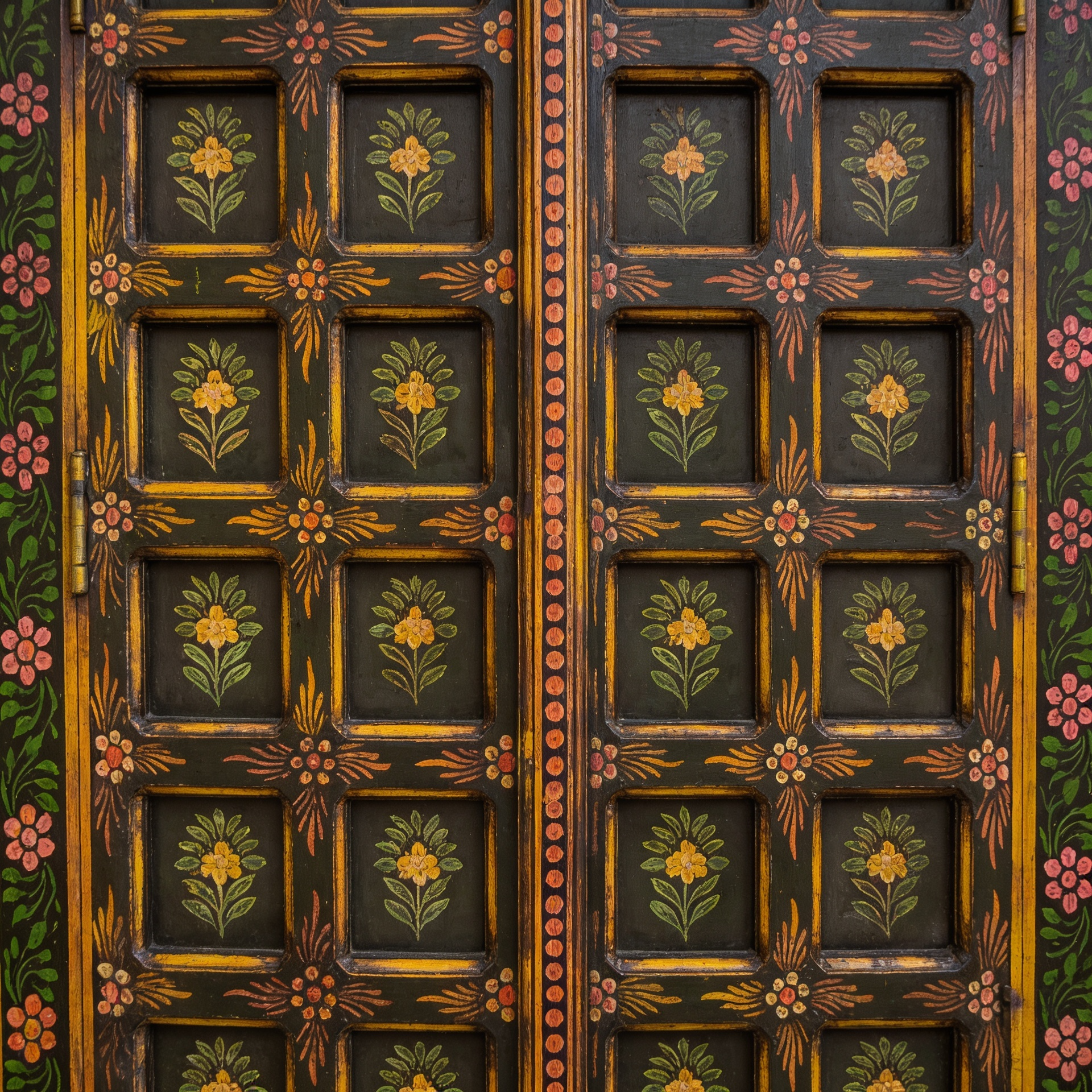 Hand Painted Vintage Wooden Window Door | Antique Indian Doors – Floral Grid Design, 97x107x5 cm