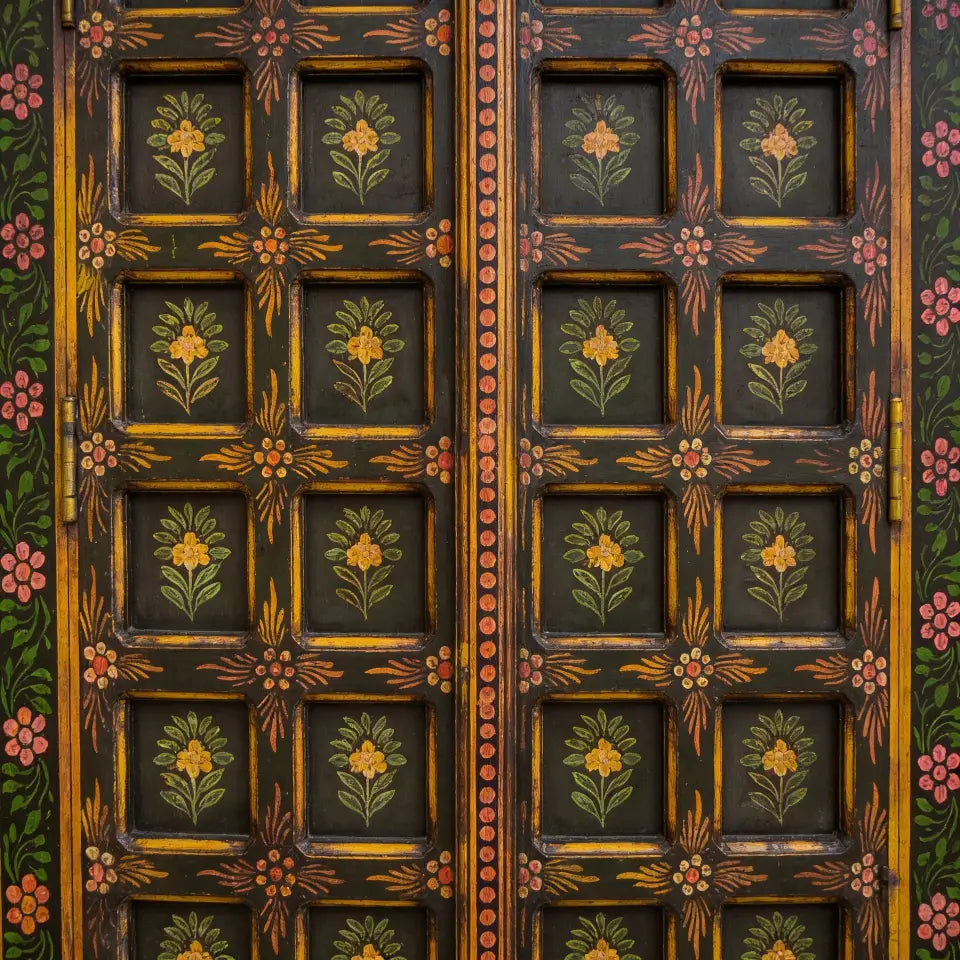 Hand Painted Vintage Wooden Window Door | Antique Indian Doors – Floral Grid Design, 97x107x5 cm