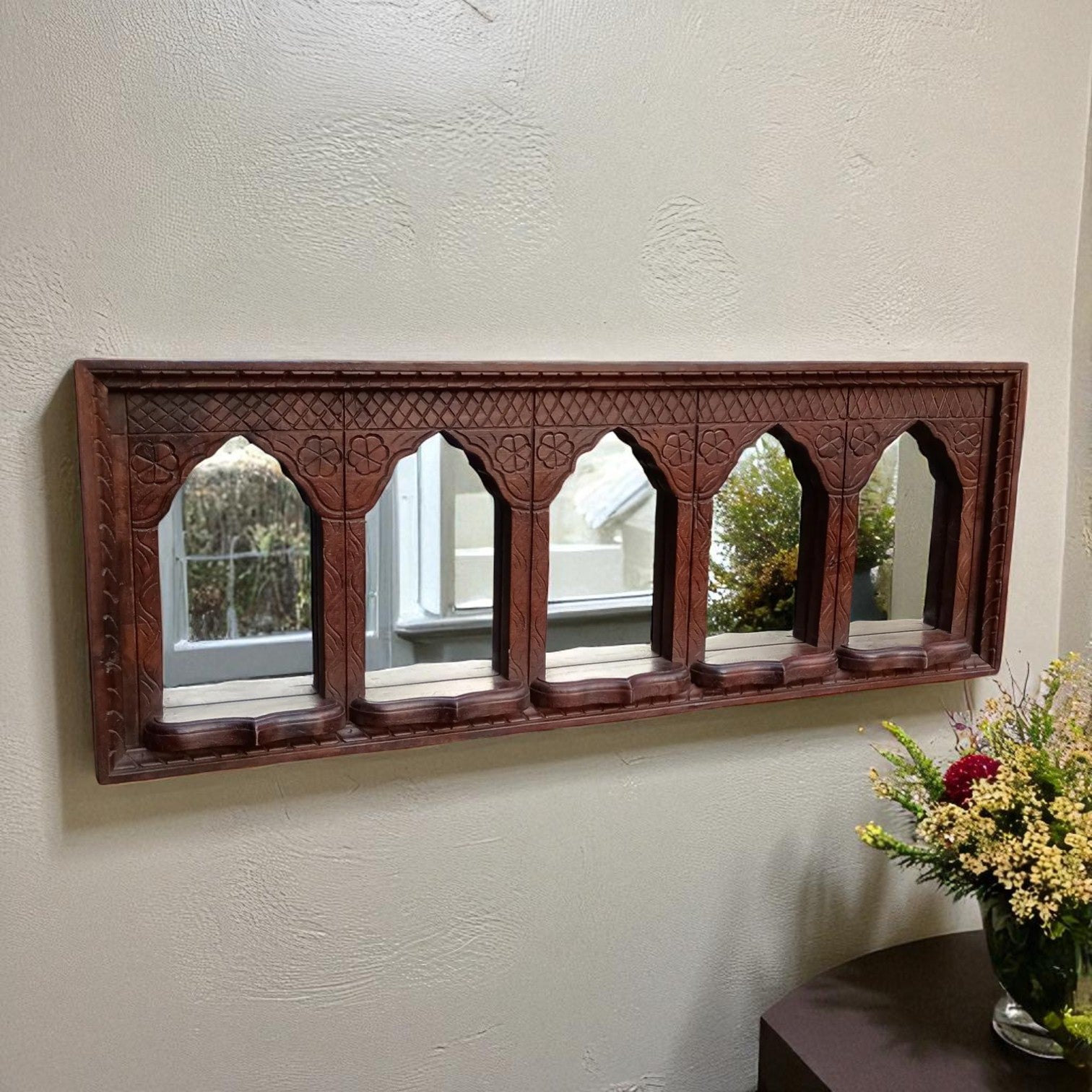 Hand‑Carved Jharokha Mirror Frame — Vintage Ethnic Style, Solid Wood, 110 × 30 cm