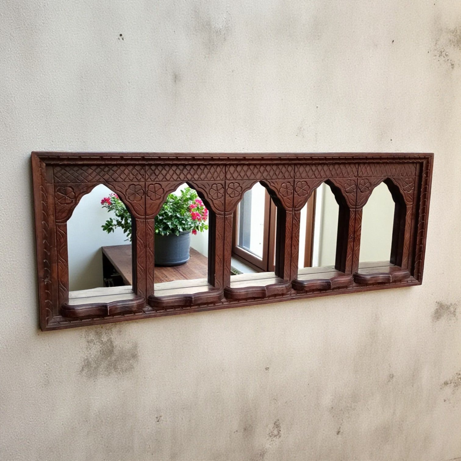 Hand‑Carved Jharokha Mirror Frame — Vintage Ethnic Style, Solid Wood, 110 × 30 cm