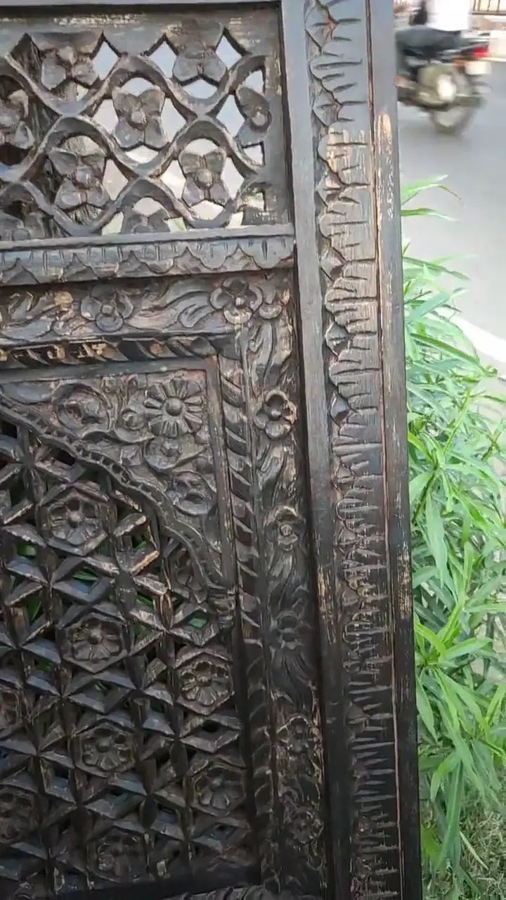 Hand‑Carved Jali Wall Panel — Solid Mango Wood, Distressed Finish, 90 × 60 × 10 cm plaques  above bed decor jlhomedecor2021.myshopify.com