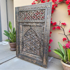 Distressed floral jali carved mango wood wall panel, 90 × 60 × 10 cm.

