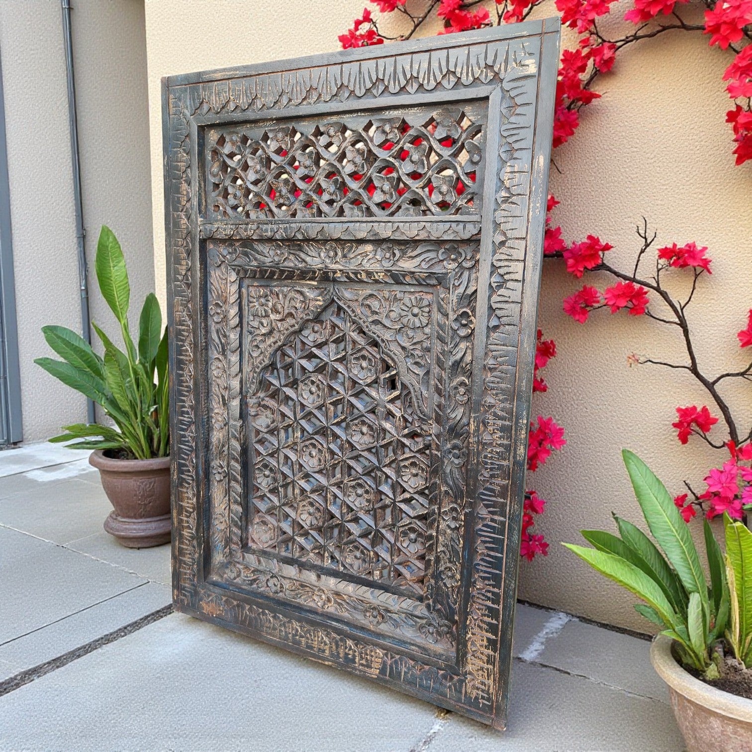 Distressed floral jali carved mango wood wall panel, 90 × 60 × 10 cm.

