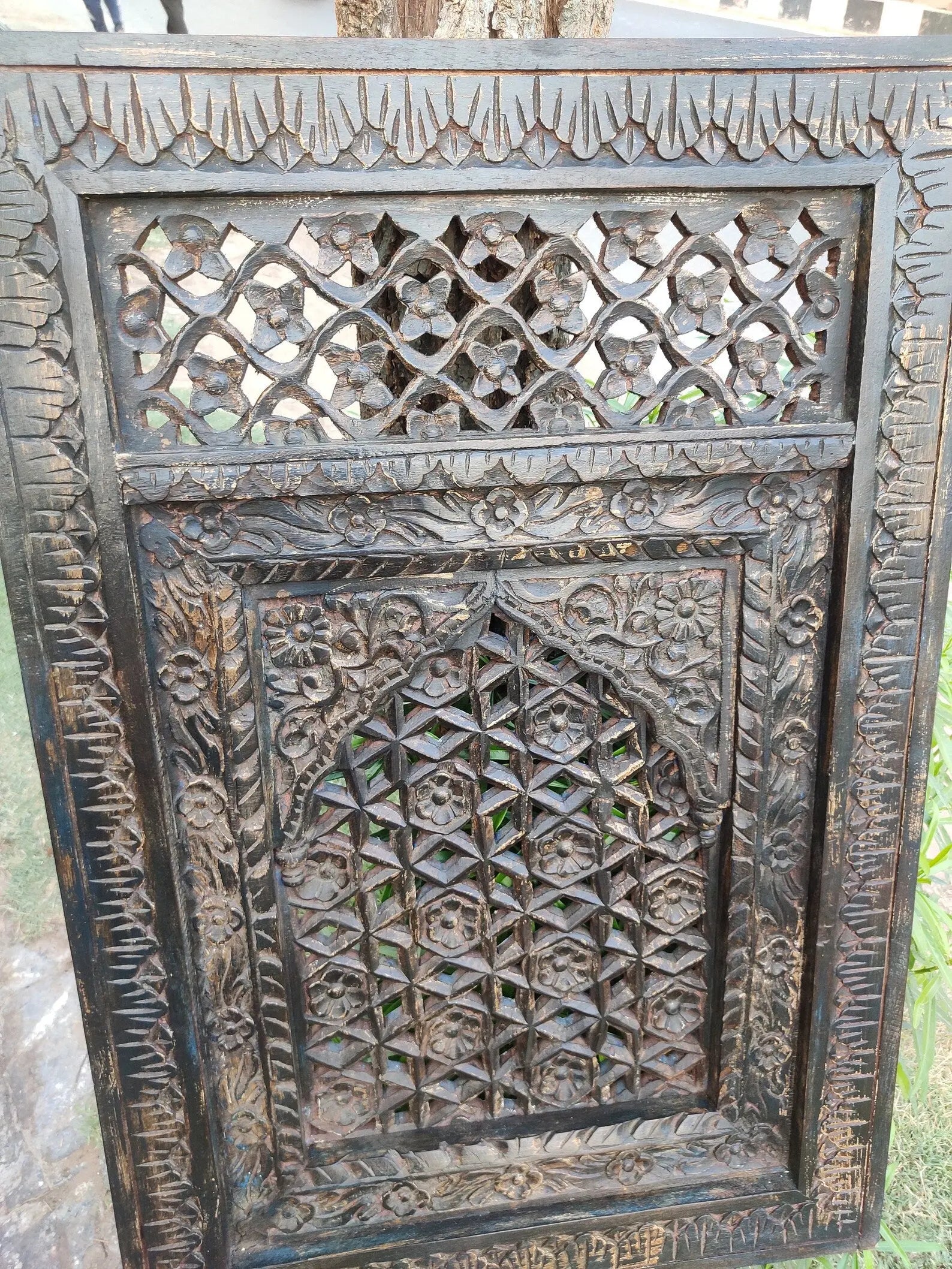 Hand‑Carved Jali Wall Panel — Solid Mango Wood, Distressed Finish, 90 × 60 × 10 cm plaques  above bed decor jlhomedecor2021.myshopify.com