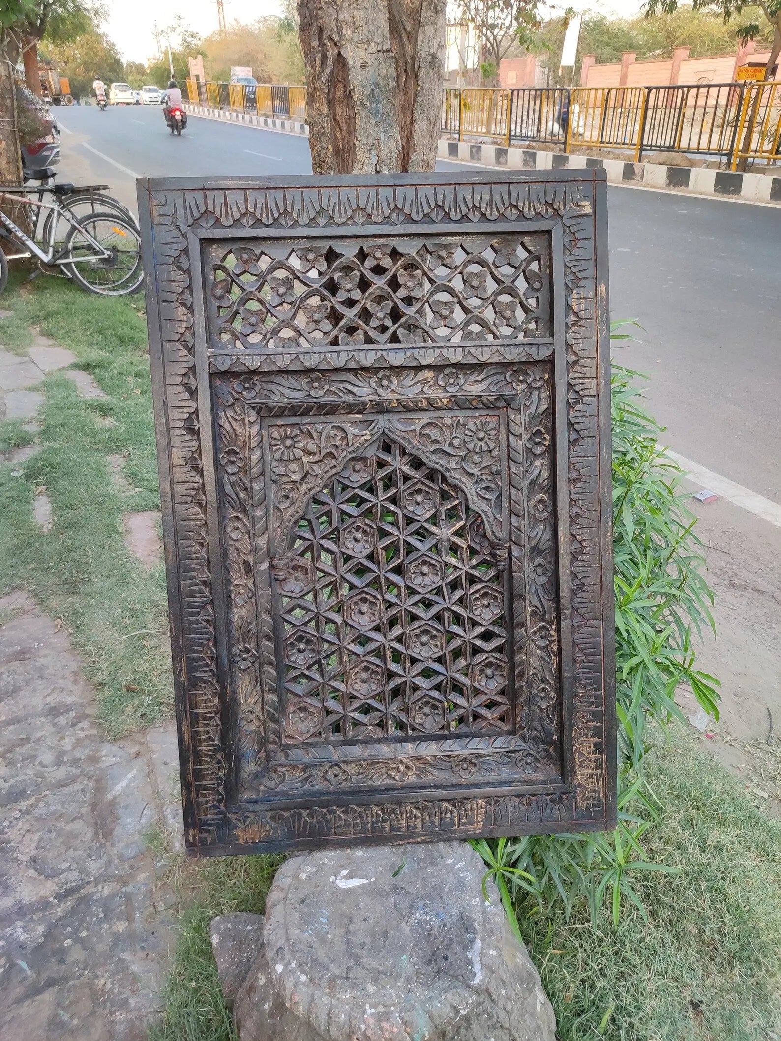 Hand‑Carved Jali Wall Panel — Solid Mango Wood, Distressed Finish, 90 × 60 × 10 cm plaques  above bed decor jlhomedecor2021.myshopify.com