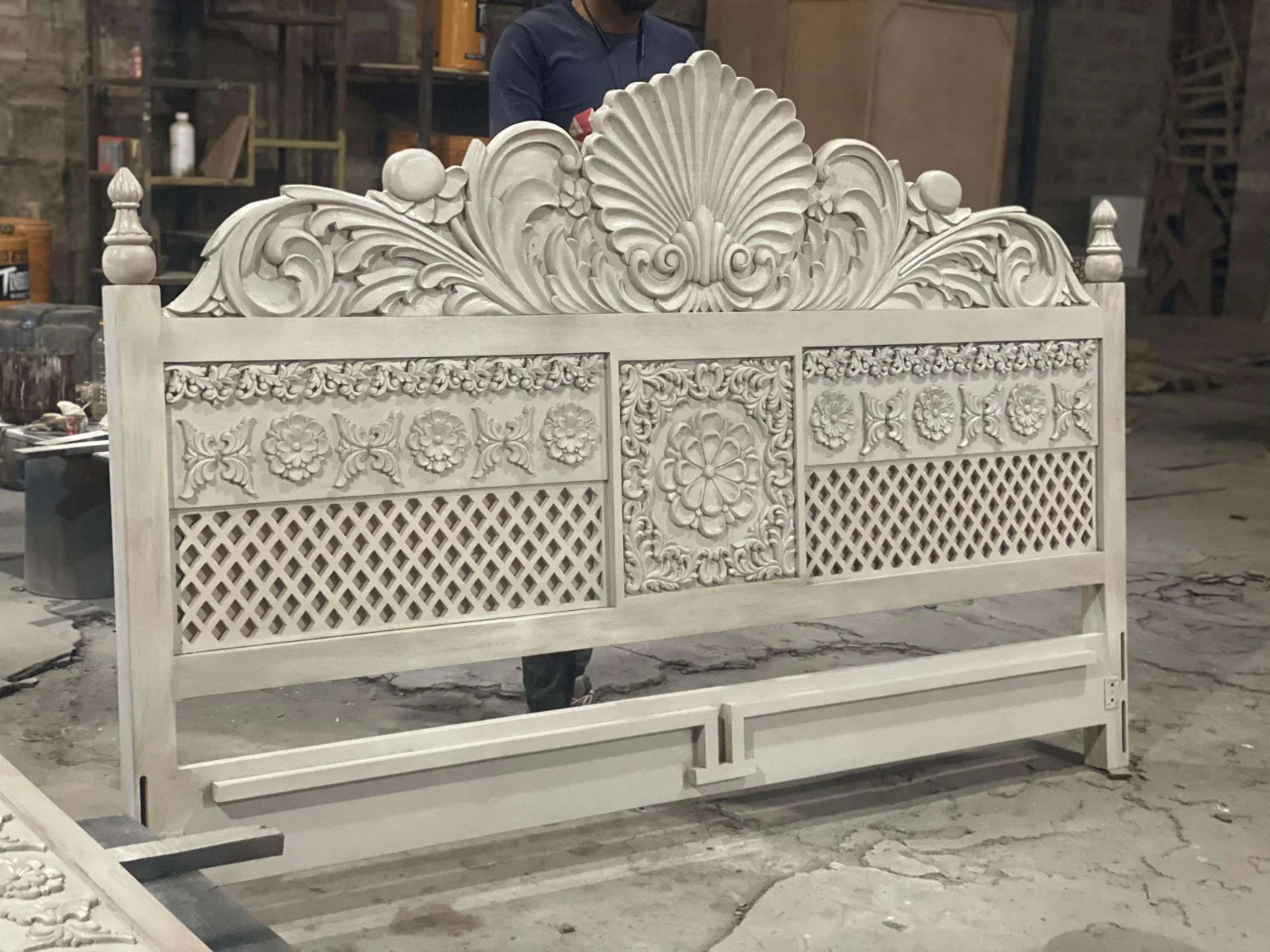 hand carved bed frame, acacia wood bed, whitewashed bed, heritage design bed, queen size bed, king size bed, carved headboard bed, jali panel bed, indian furniture, master bedroom bed, guest room bed, handmade bed frame, artisan made bed, premium wood bed, quality wood furniture, durable bed frame, sturdy bed, timeless bed, elegant bed frame, statement bed, grand bed, heirloom bed, coastal bed, shabby chic bed frame, farmhouse bed, vintage bed frame, mughal style bed, traditional bed, ornate bed frame, clas