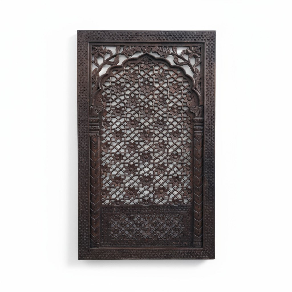Brown finished Indian jali carved mango wood wall panel, 150 × 90 cm.

