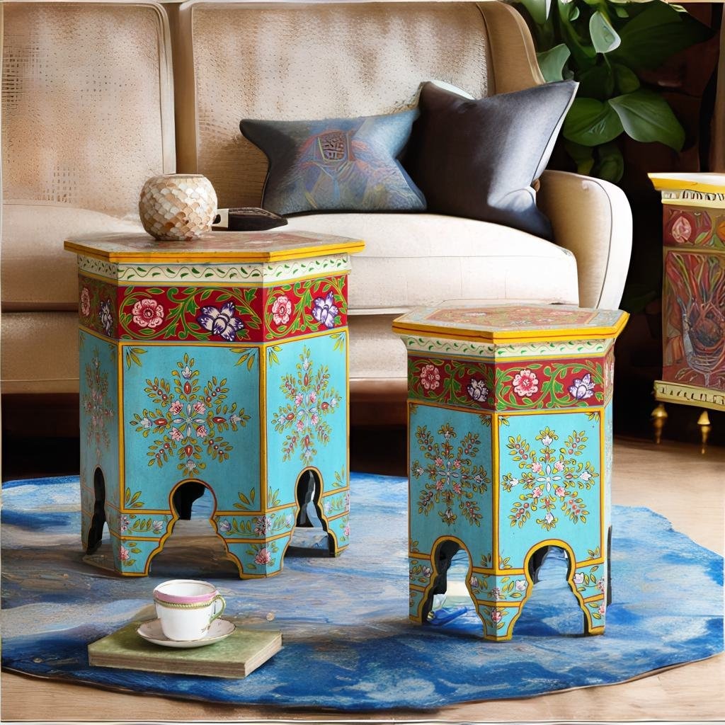 Jaipur Style Hand Painted Nested Side Coffee Table | Wooden Flower Rajasthani Bedside - J.L.HOME DECOR