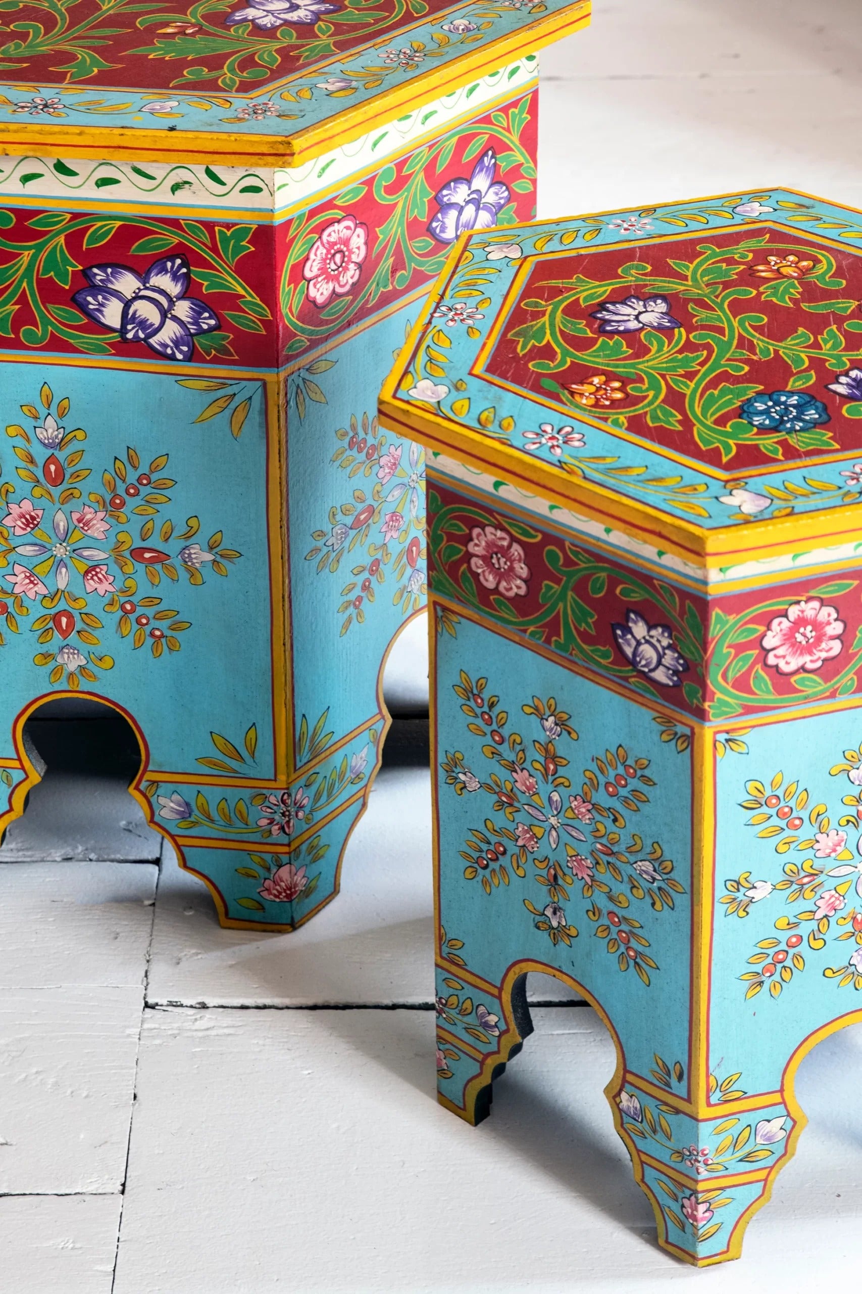 Jaipur Style Hand Painted Nested Side Coffee Table | Wooden Flower Rajasthani Bedside - J.L.HOME DECOR