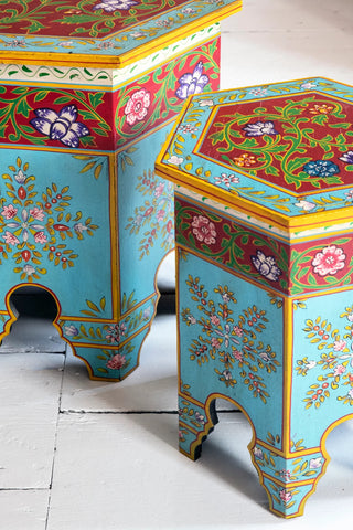 Jaipur Style Hand Painted Nested Side Coffee Table | Wooden Flower Rajasthani Bedside - J.L.HOME DECOR