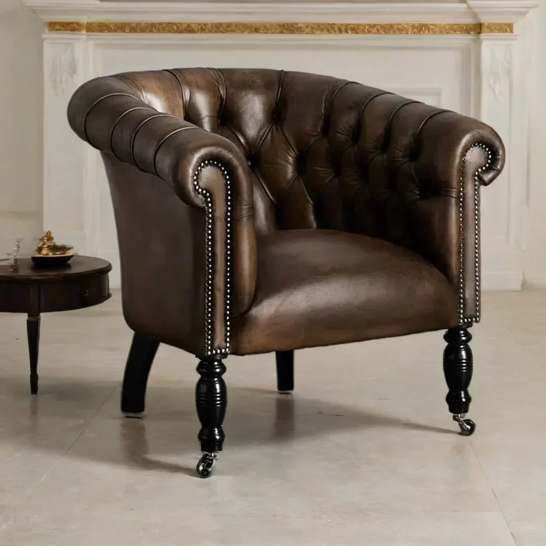 Regalia Crest Leather Lounge Chair – Handcrafted Bone/Brown Accent by J.L.HOME DECOR
