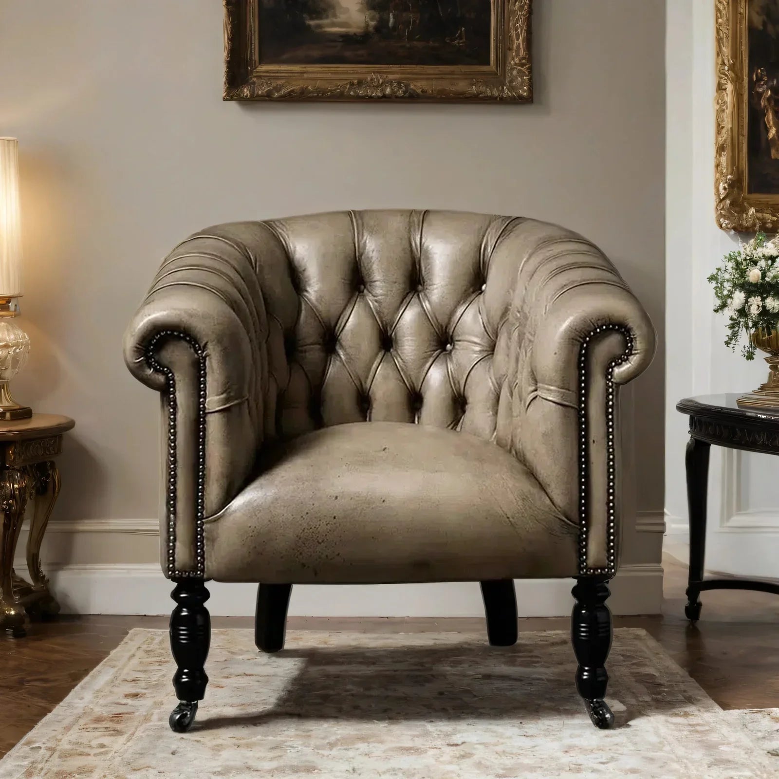 Regalia Crest Leather Lounge Chair – Handcrafted Bone/Brown Accent by J.L.HOME DECOR