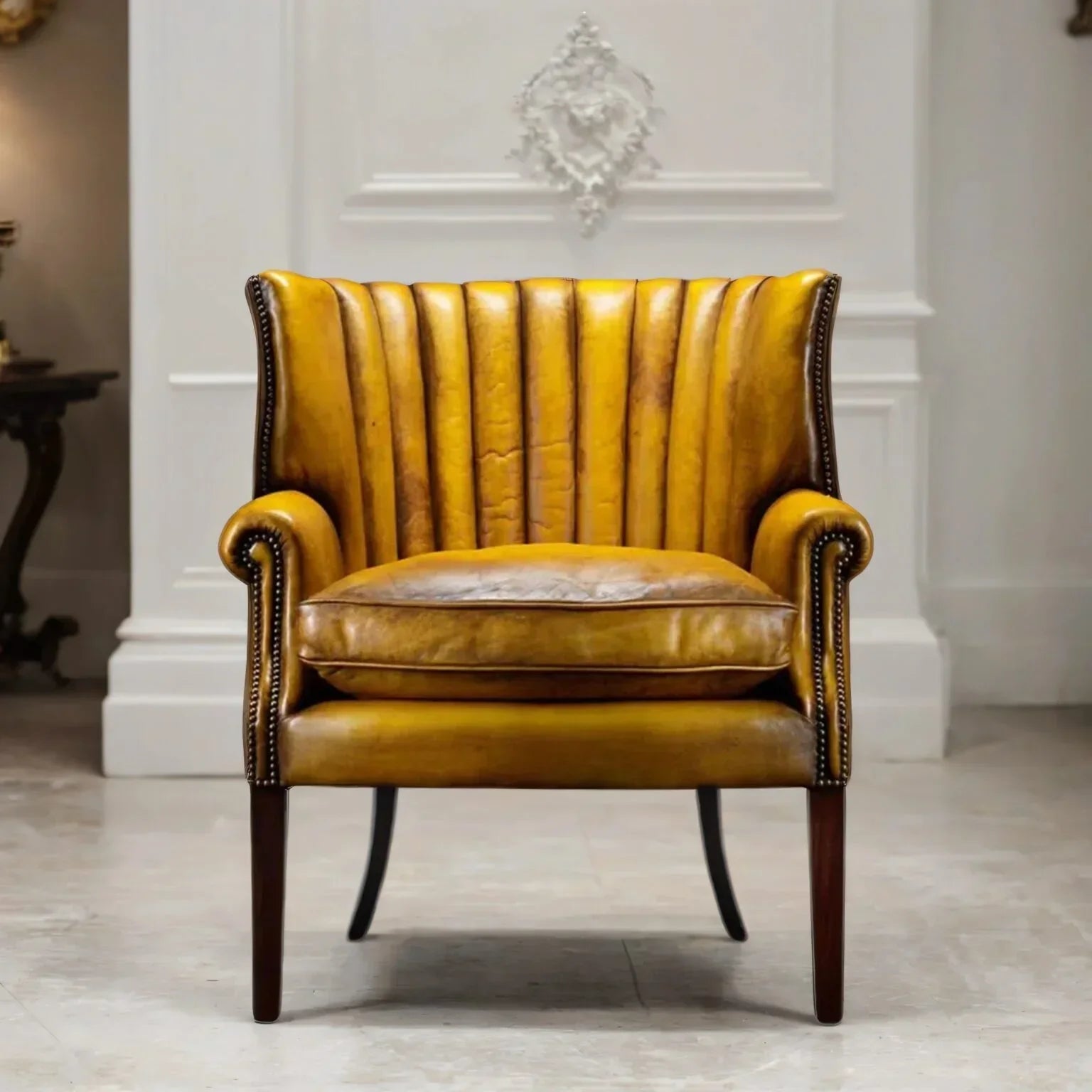 Aurelius Gold Leather Lounge Chair – Handcrafted Accent Seating by J.L.HOME DECOR