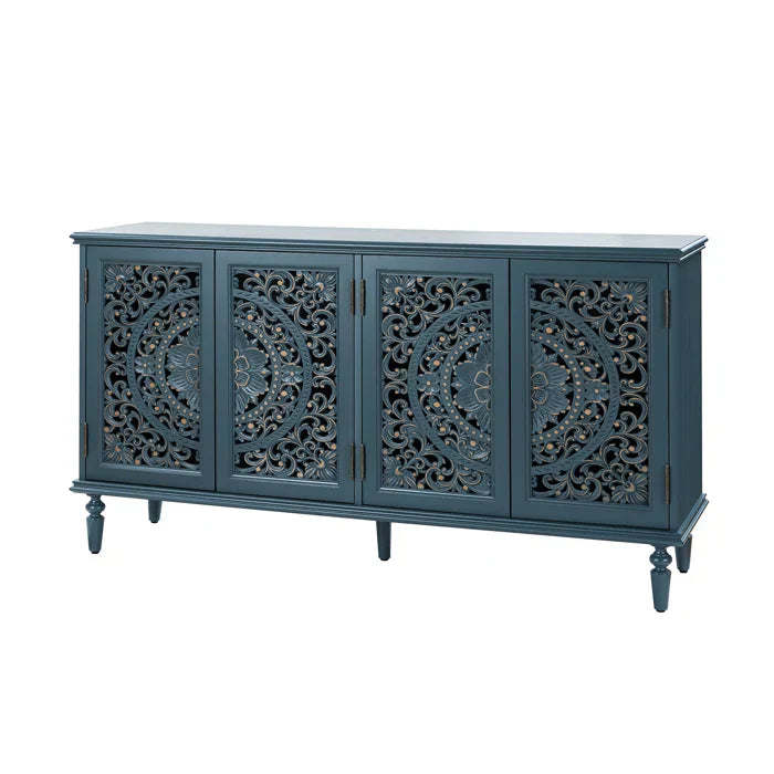 wood jali sideboard, carved sideboard, blue sideboard, slate blue sideboard, lattice sideboard, floral sideboard, turned leg sideboard, storage sideboard, indian jali, carved lattice, coastal sideboard, accent cabinet, living room storage, dining room cabinet, entryway storage, statement sideboard, handmade sideboard, artisan made cabinet, premium wood furniture, quality furniture, durable cabinet, sturdy sideboard, timeless furniture, elegant sideboard, unique cabinet, decorative sideboard, focal piece cab