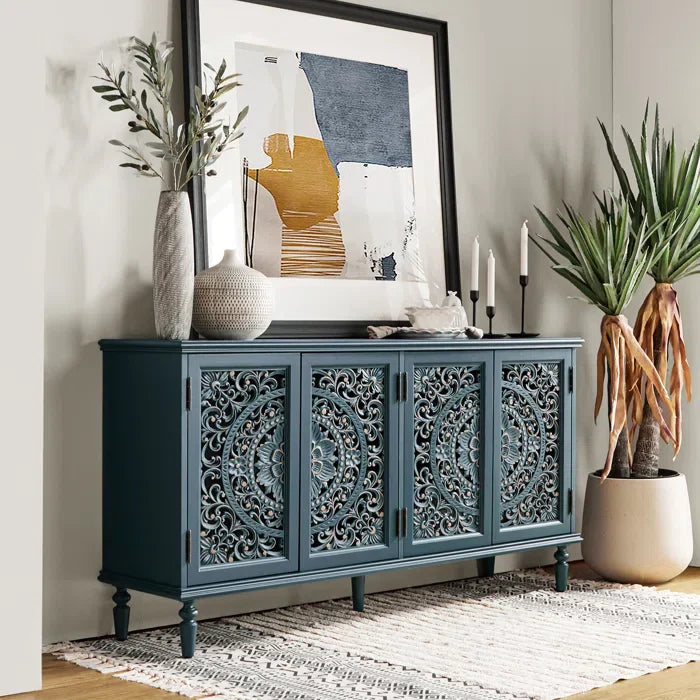 wood jali sideboard, carved sideboard, blue sideboard, slate blue sideboard, lattice sideboard, floral sideboard, turned leg sideboard, storage sideboard, indian jali, carved lattice, coastal sideboard, accent cabinet, living room storage, dining room cabinet, entryway storage, statement sideboard, handmade sideboard, artisan made cabinet, premium wood furniture, quality furniture, durable cabinet, sturdy sideboard, timeless furniture, elegant sideboard, unique cabinet, decorative sideboard, focal piece cab