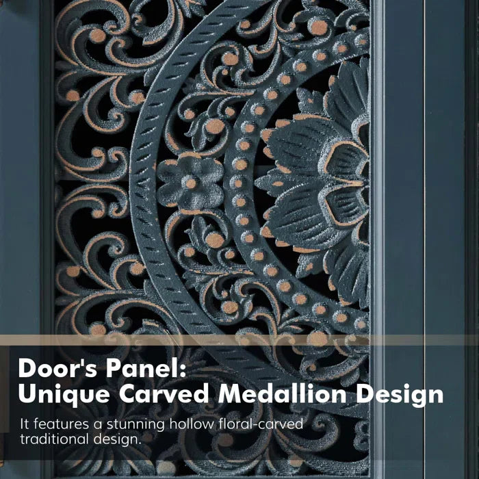 wood jali sideboard, carved sideboard, blue sideboard, slate blue sideboard, lattice sideboard, floral sideboard, turned leg sideboard, storage sideboard, indian jali, carved lattice, coastal sideboard, accent cabinet, living room storage, dining room cabinet, entryway storage, statement sideboard, handmade sideboard, artisan made cabinet, premium wood furniture, quality furniture, durable cabinet, sturdy sideboard, timeless furniture, elegant sideboard, unique cabinet, decorative sideboard, focal piece cab