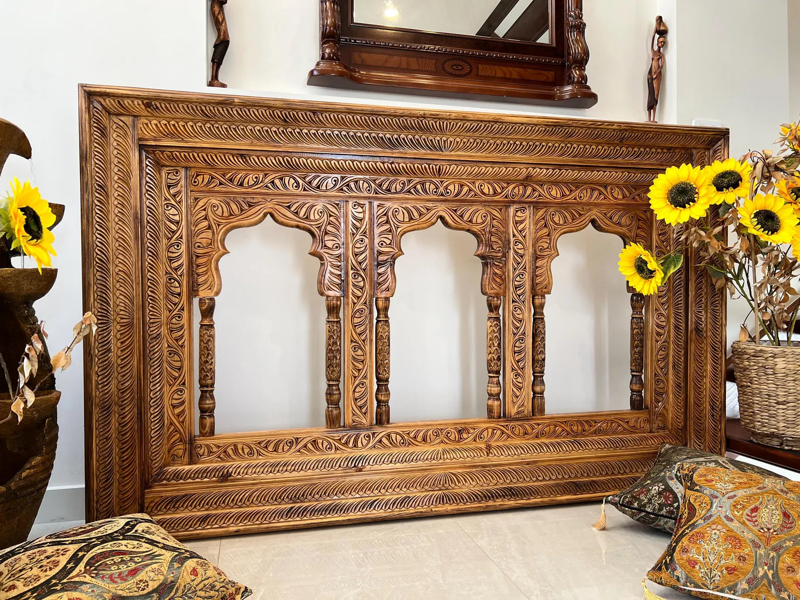 Hand‑Carved Multi‑Arch Wooden Wall Mirror/Frame — Indo‑Moroccan Design, Natural Warm Finish | Living Furn India