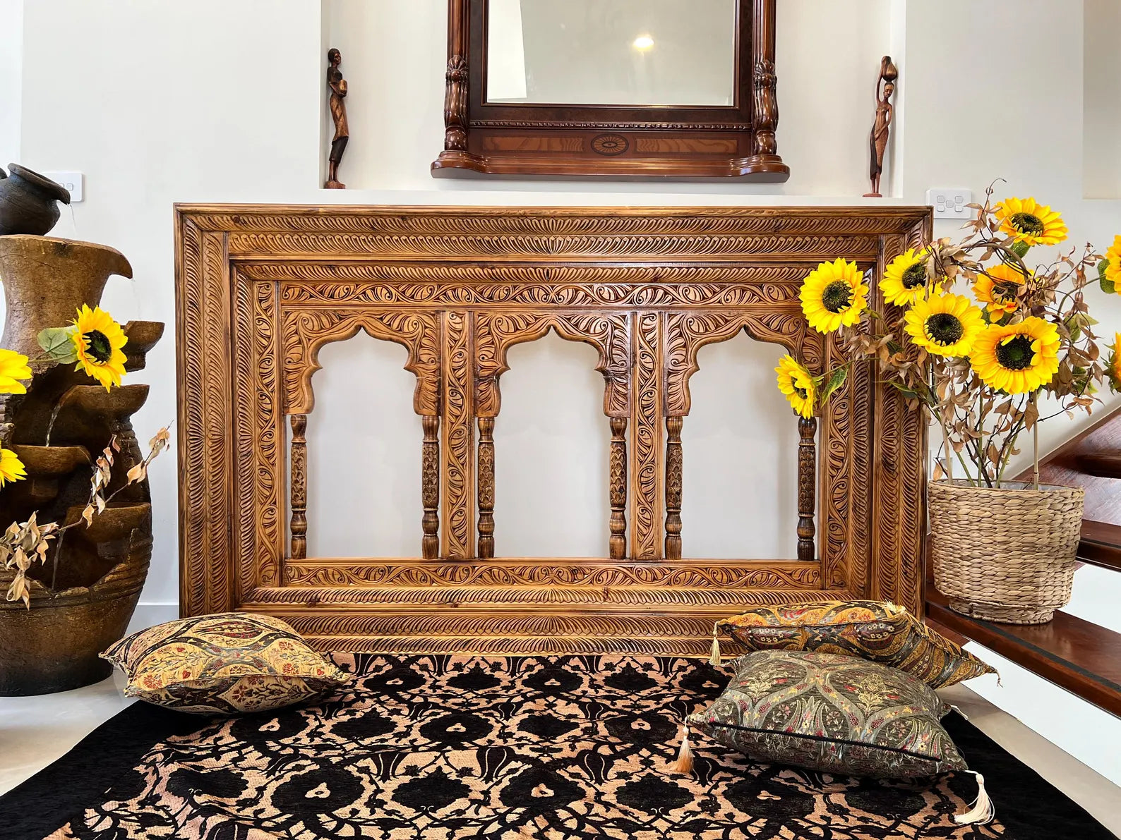 Hand‑Carved Multi‑Arch Wooden Wall Mirror/Frame — Indo‑Moroccan Design, Natural Warm Finish | Living Furn India