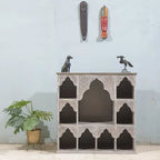 Hand‑Carved Mango Wood Mehrab Bookshelf — Grey Finish, Arched Openings, 90 × 90 × 30 cm