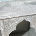 Hand‑Carved Mango Wood Mehrab Bookshelf — Grey Finish, Arched Openings, 90 × 90 × 30 cm