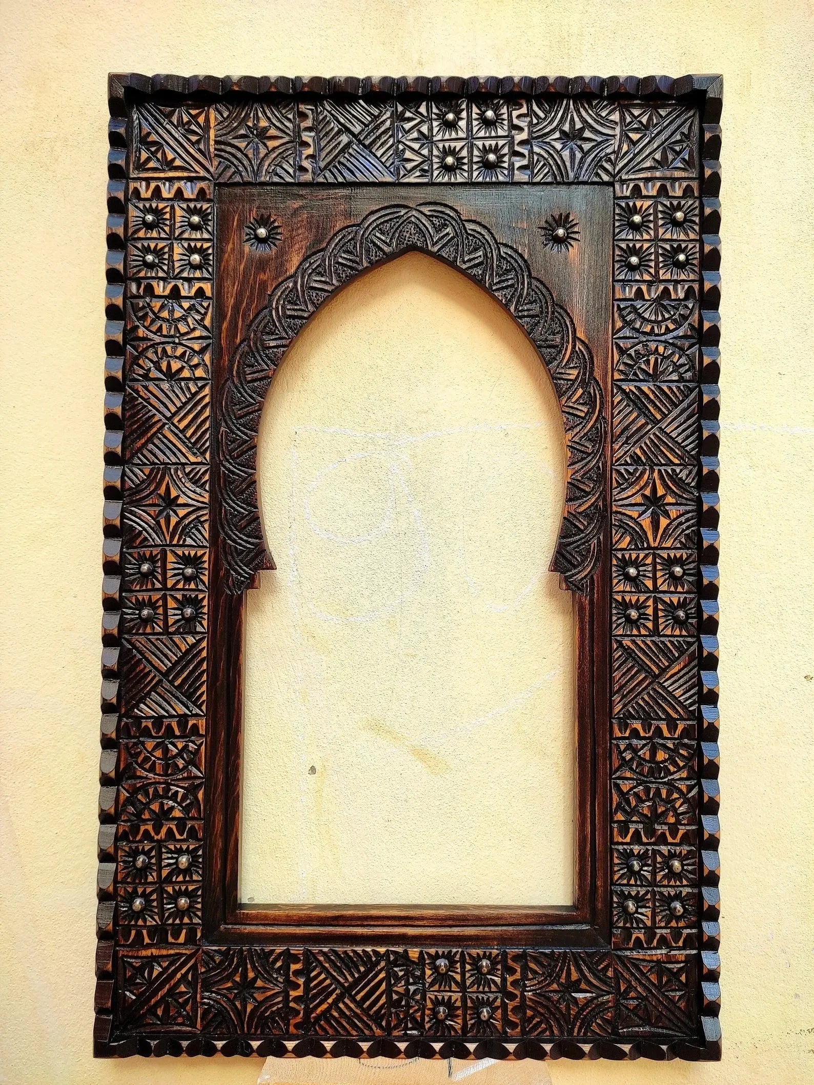 Moroccan Vintage Hand-Carved Wooden Wall Mirror – 80x50 cm, Farmhouse & Antique Decor by Living Furn India Mirror  antique wood mirror jlhomedecor2021.myshopify.com