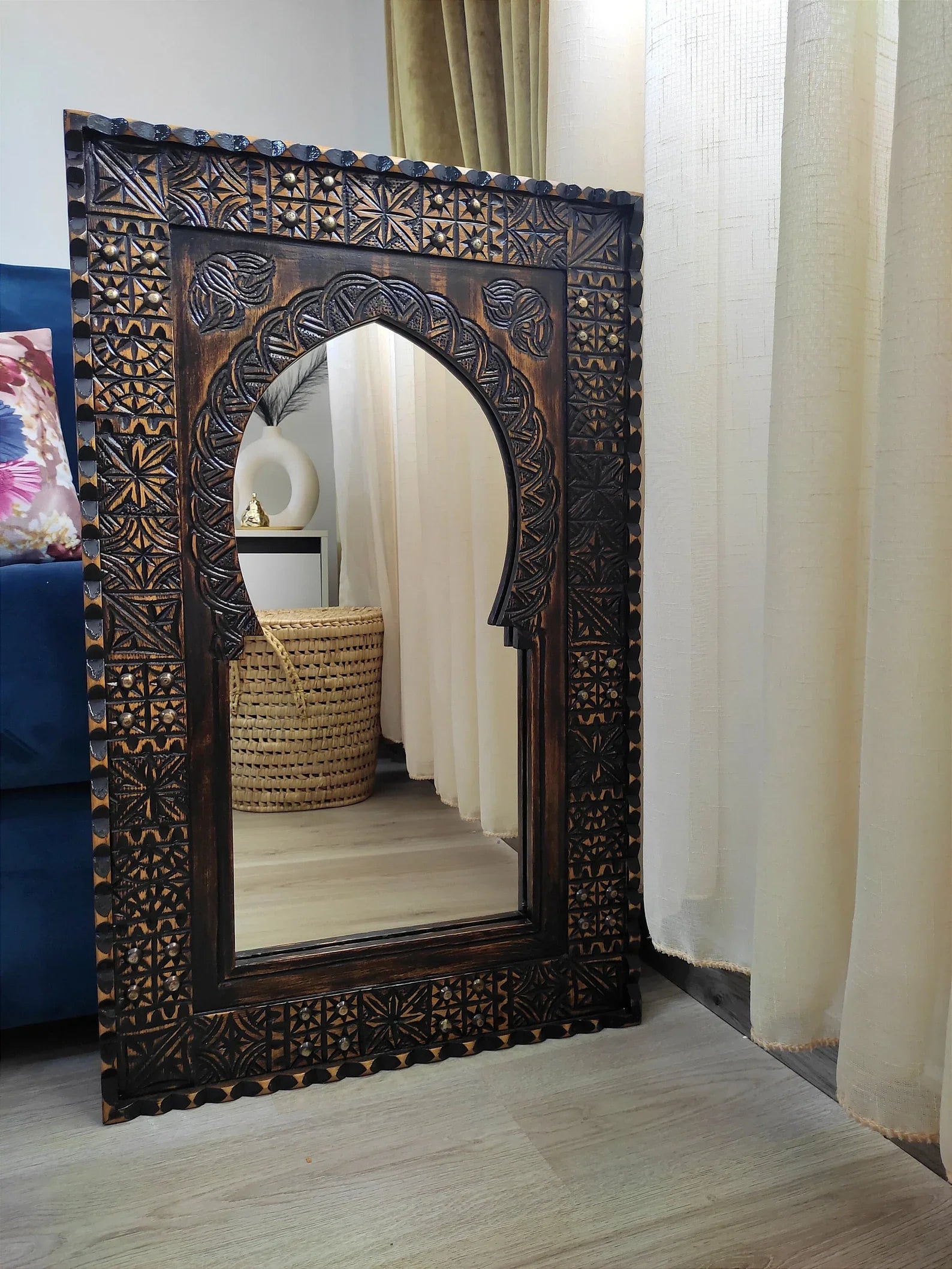 Moroccan Vintage Hand-Carved Wooden Wall Mirror – 80x50 cm, Farmhouse & Antique Decor by Living Furn India