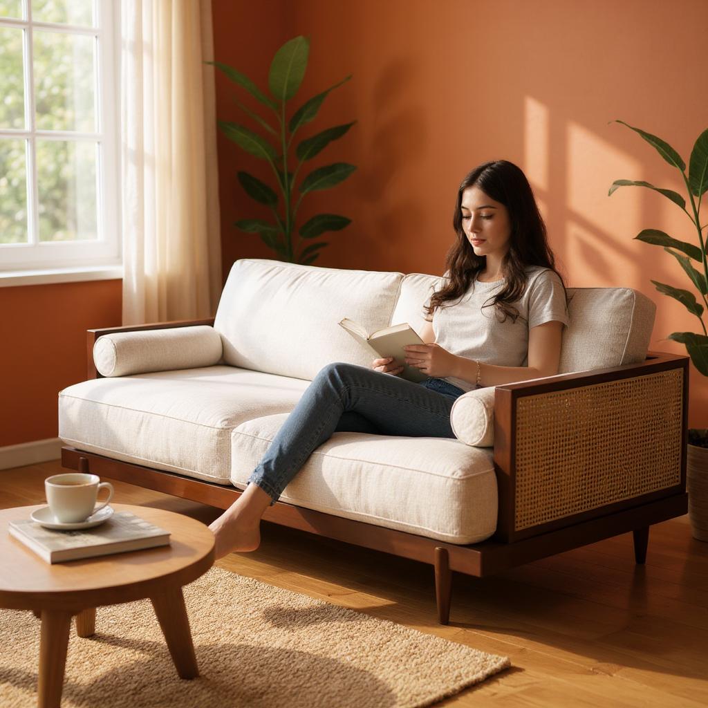 Modern Wooden Rattan Sofa | Handcrafted Cane & Wood Upholstered Couch | Mid-Century Living Room Seating | J.L.HOME DECOR