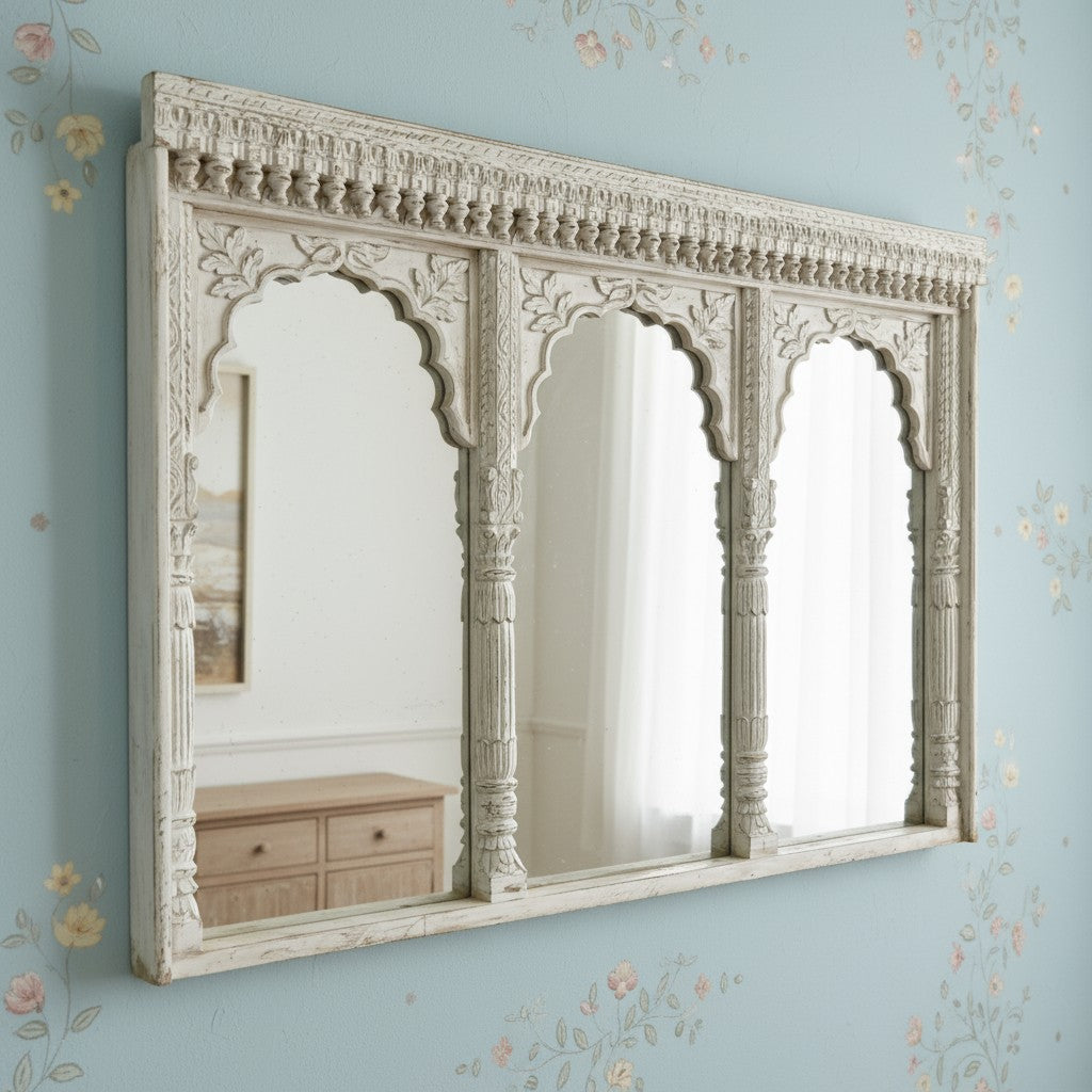 mango wood mirror, jharokha mirror, triple arch mirror, carved mirror, rustic white mirror, distressed mirror, indian mirror, arched mirror, wall mirror, statement mirror, palace mirror, scalloped arches, floral spandrels, fluted pilasters, bracketed cornice, vintage inspired, farmhouse boho, global eclectic, handcrafted in india, artisan made, solid wood frame, large wall mirror, console mirror, buffet mirror, living room mirror, entryway mirror, dining room mirror, architectural mirror, heirloom quality, 
