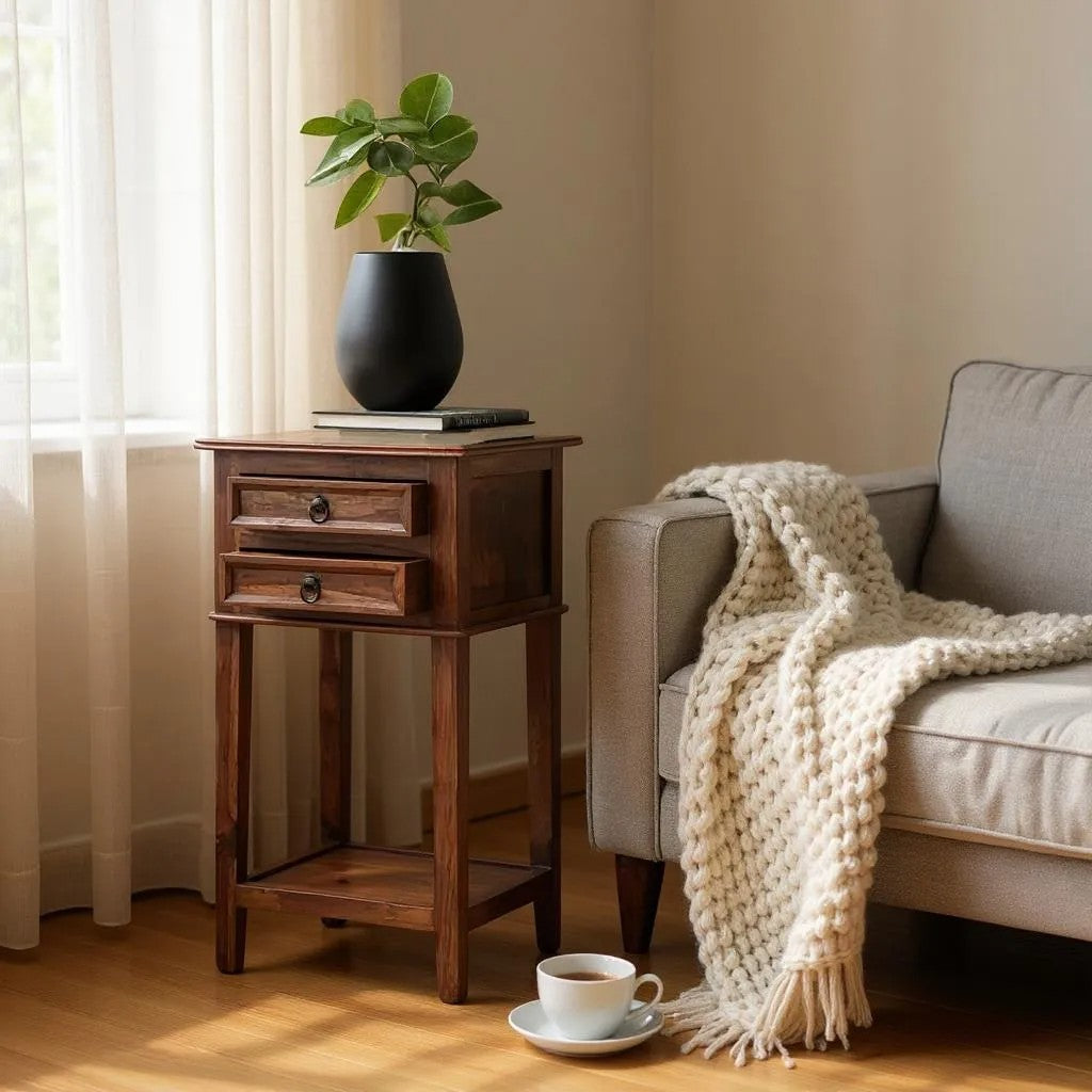 ContempoPeak Sheesham Wood Side Table – 16" Square, 30" High, Unique Contemporary Design by J.L.HOME DECOR