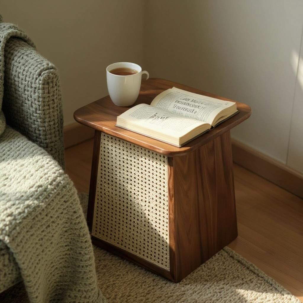 WaltonRattan Modern Side Table – Solid Mango & Sheesham Wood, Rattan Accent, Walnut Finish by J.L.HOME DECOR