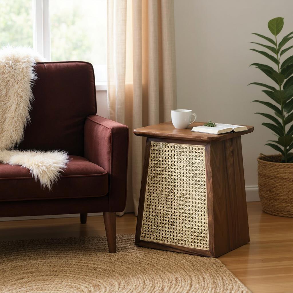 WaltonRattan Modern Side Table – Solid Mango & Sheesham Wood, Rattan Accent, Walnut Finish by J.L.HOME DECOR