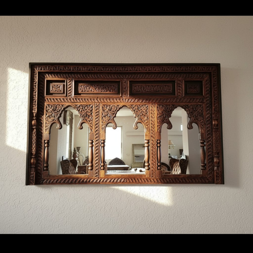 mango wood mirror, carved mirror, jharokha mirror, triple arch mirror, rajasthani mirror, indian mirror, vintage mirror, rustic mirror, antique mirror, distressed mirror, horizontal mirror, wall mirror, statement mirror, architectural mirror, palace mirror, traditional mirror, handmade mirror, artisan mirror, premium mirror, quality mirror, durable mirror, elegant mirror, unique mirror, decorative mirror, focal piece mirror, handcrafted in india, sustainable mango wood, rustic antique, antique finish, multi