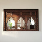 mango wood mirror, carved mirror, jharokha mirror, triple arch mirror, rajasthani mirror, indian mirror, vintage mirror, rustic mirror, antique mirror, distressed mirror, horizontal mirror, wall mirror, statement mirror, architectural mirror, palace mirror, traditional mirror, handmade mirror, artisan mirror, premium mirror, quality mirror, durable mirror, elegant mirror, unique mirror, decorative mirror, focal piece mirror, handcrafted in india, sustainable mango wood, rustic antique, antique finish, multi