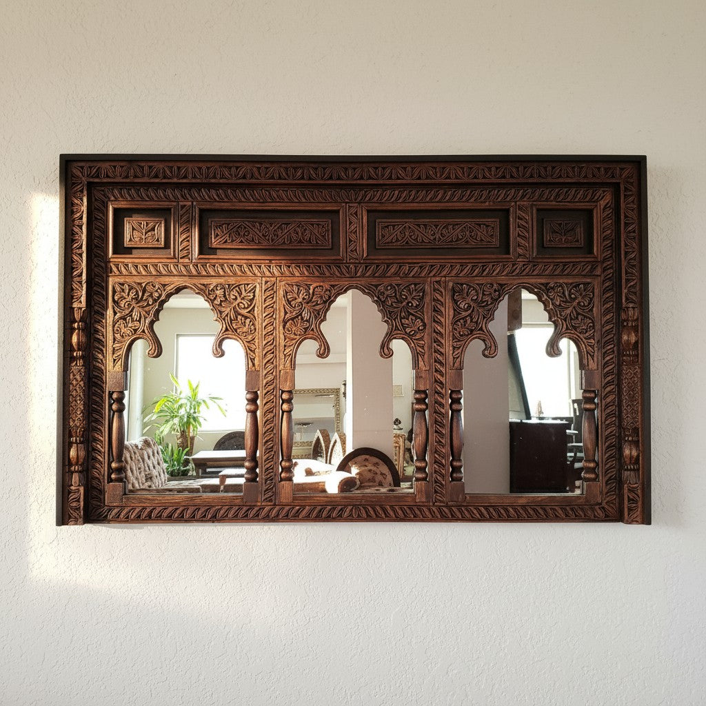 mango wood mirror, carved mirror, jharokha mirror, triple arch mirror, rajasthani mirror, indian mirror, vintage mirror, rustic mirror, antique mirror, distressed mirror, horizontal mirror, wall mirror, statement mirror, architectural mirror, palace mirror, traditional mirror, handmade mirror, artisan mirror, premium mirror, quality mirror, durable mirror, elegant mirror, unique mirror, decorative mirror, focal piece mirror, handcrafted in india, sustainable mango wood, rustic antique, antique finish, multi