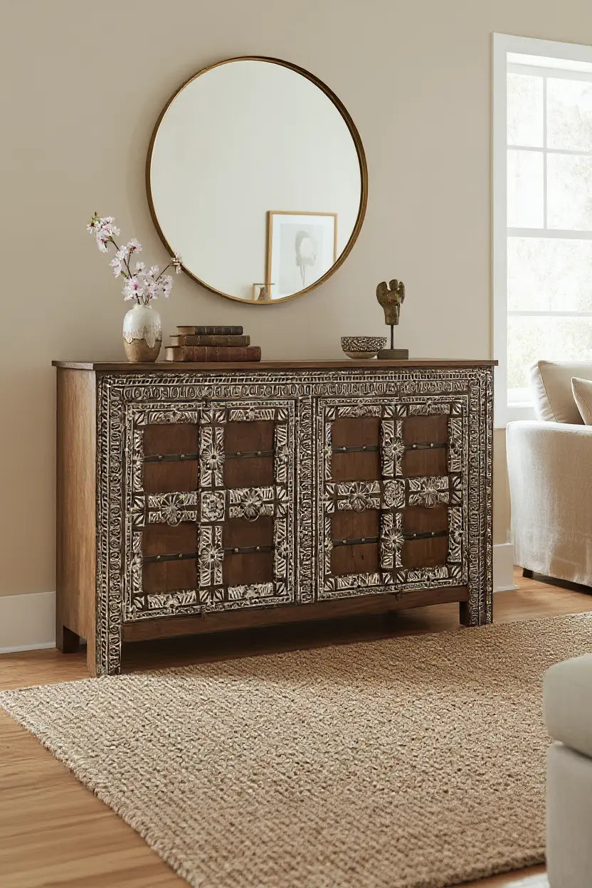 Hand‑Carved Mango Wood Sideboard — 4‑Door Vintage Indian Cabinet, Floral & Geometric Carving, 185 × 100 × 44 cm Sideboard  160cm sideboard jlhomedecor2021.myshopify.com