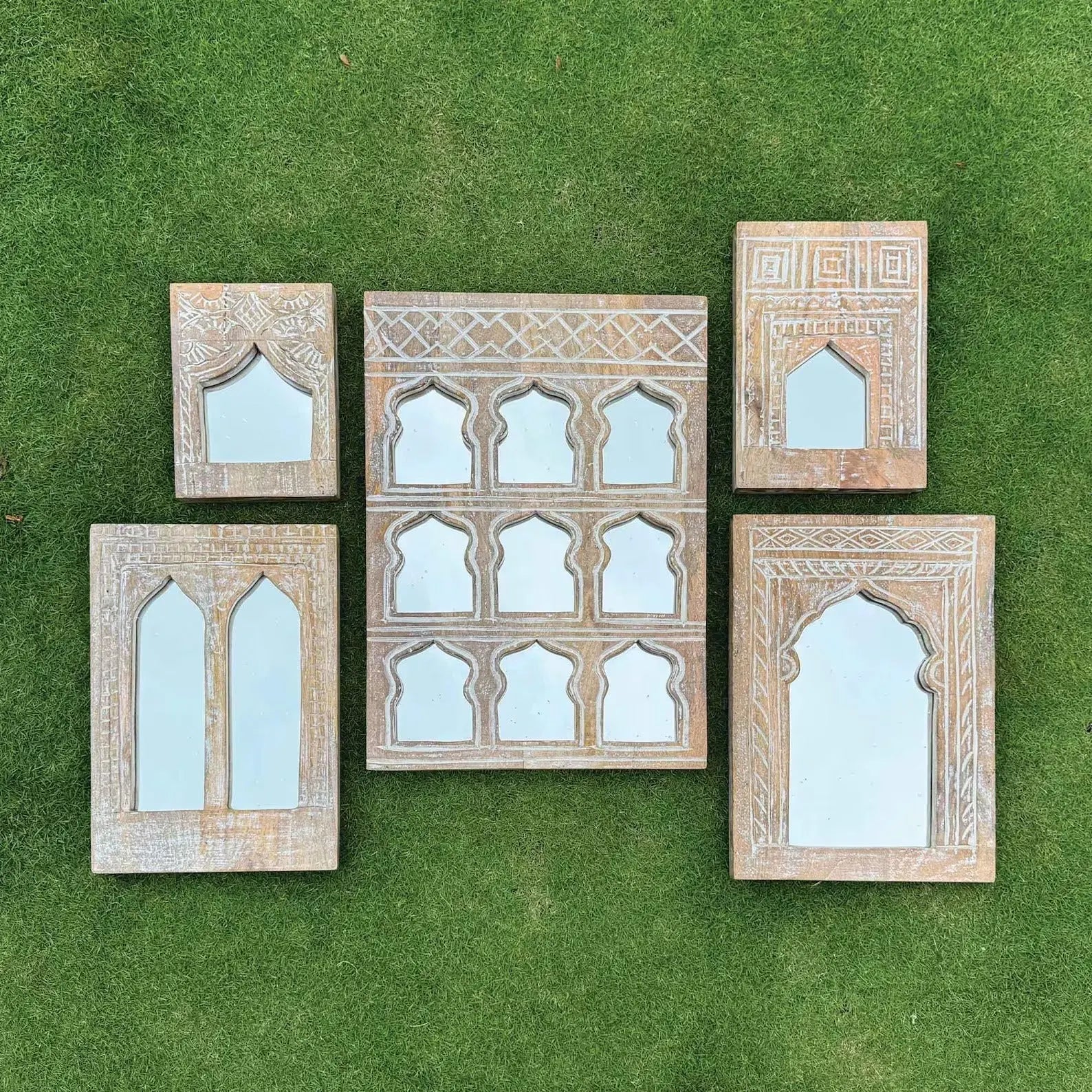 Hand‑Carved Wooden Mirror Set — Mehrab Temple Arches, 5‑Piece Wall Décor Collection (Walnut, Black, or Whitewash) Mirror White 185x90 cm mirror jlhomedecor2021.myshopify.com