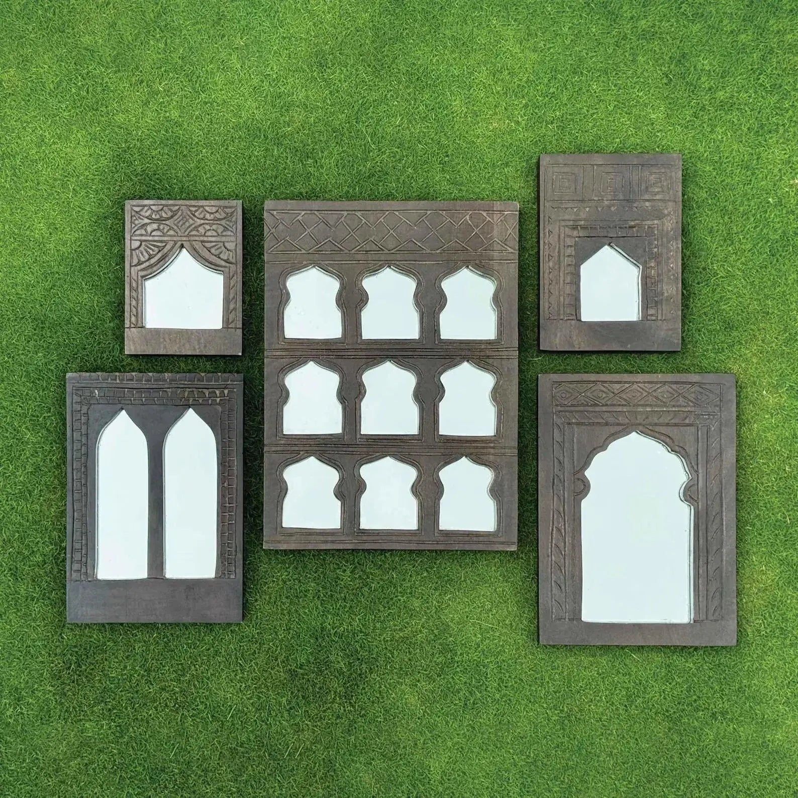 Hand‑Carved Wooden Mirror Set — Mehrab Temple Arches, 5‑Piece Wall Décor Collection (Walnut, Black, or Whitewash) Mirror Black 185x90 cm mirror jlhomedecor2021.myshopify.com