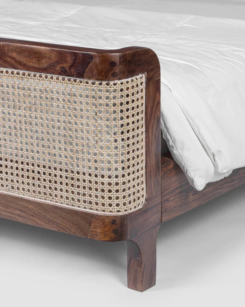 Heritage Canewood Classic Rattan Upholstered Bed – Walnut Finish,  J.L.HOME DECOR