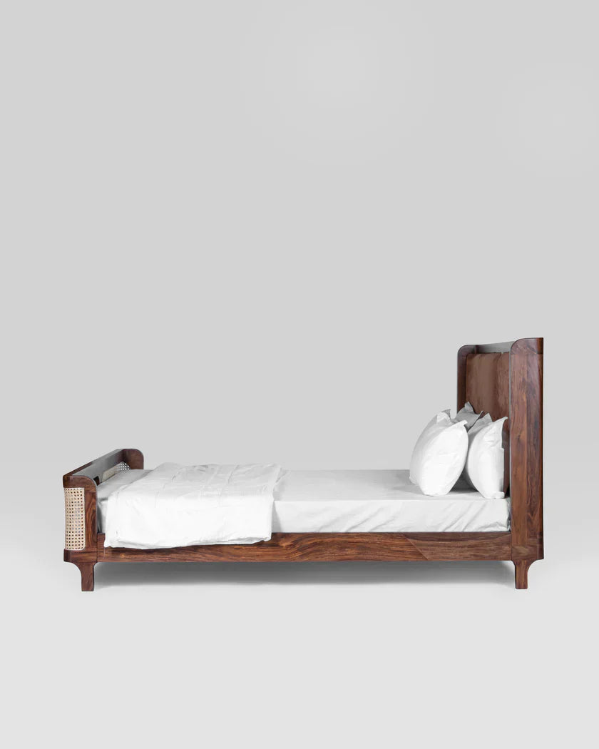 Heritage Canewood Classic Rattan Upholstered Bed – Walnut Finish,  J.L.HOME DECOR