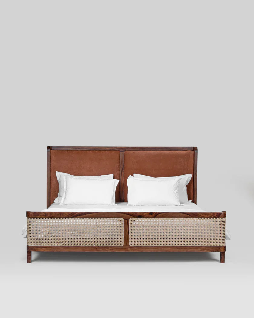 Heritage Canewood Classic Rattan Upholstered Bed – Walnut Finish,  J.L.HOME DECOR