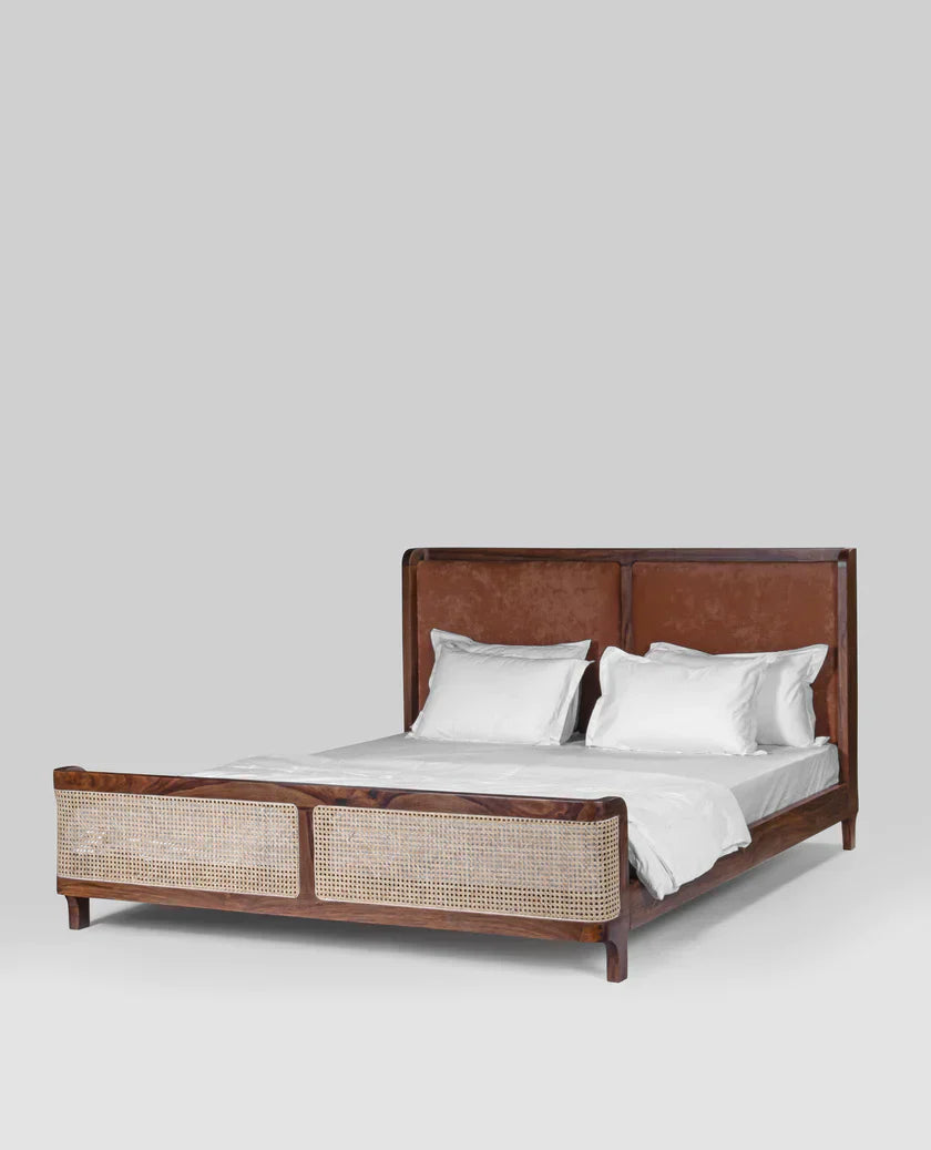 Heritage Canewood Classic Rattan Upholstered Bed – Walnut Finish,  J.L.HOME DECOR